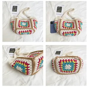 Detailed views of hand-knitted tote bag with colorful geometric crochet patterns