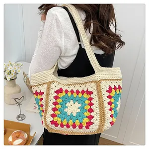 Women Knitted Crochet Tote Bag Granny Square Large Capacity Seaside Holiday Shoulder Bag Vintage Bohemian Woven Handbag