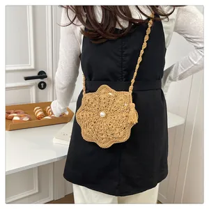 Handmade Crochet Flower Crossbody Bag With Imitation Artificial Pearl Tassel Bohemian Woven Beach Shoulder Bag For Women Seaside Holiday