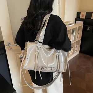 Women Fashion Large Capacity PU Patent Leather Tote Bag Retro Minimalist Shoulder Bag With Tassel Lacing Detail Daily Commute