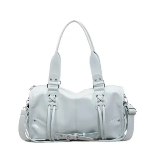 Light blue vintage motorcycle tote bag in glossy patent leather with lace-up detail
