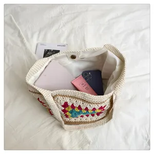 Handmade crochet tote bag with geometric colorful knit pattern and large capacity