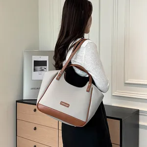 Grand Sac Cabas en Cuir PU pour Femmes Couleur Contrastée Grain de Litchi Sac à Épaule Minimaliste Mode Navette Sac à Main