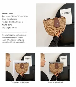 Straw semi-circle woven crossbody bag with dimensions 24x17cm and leather strap details