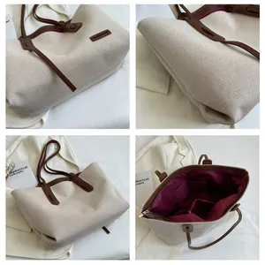 Detailed interior and exterior views of a large canvas tote bag with brown leather trim