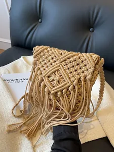 Damen Bohemian Handgewebte Macrame Umhängetasche Baumwollseil Fransen Quasten Schultertasche Für Sommer Strand Urlaub Casual