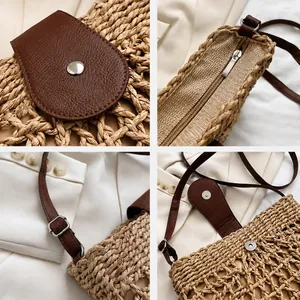 Detailed views of woven straw bag featuring leather flap, metal buckle and zipper