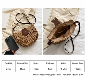 Detailed size chart and internal capacity of the semi-circle woven straw crossbody bag