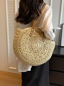Bolso Tote Grande de Paja para Mujer Tejido Calado Vacaciones de Verano en la Playa Bolso de Hombro Minimalista Bohemio