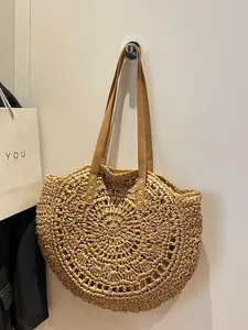 Bolso tote redondo de paja para vacaciones en la playa con finas correas marrones