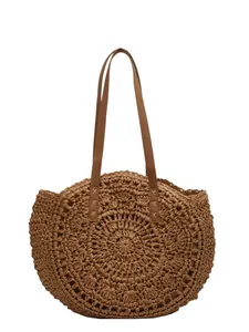 Bolso tote de playa minimalista en paja tejida redonda con asas de cuero marrón