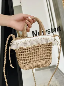 Women Straw Woven Bucket Bag With Lace Artificial Pearl Decor Sweet Pastoral Style Beach Vacation Crossbody Handbag For Summer