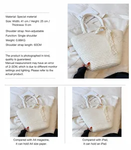 Detailed dimensions of beige straw tote bag showing capacity for A4 paper and iPad