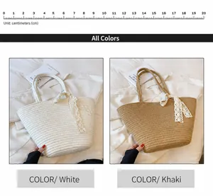 Detail view of woven straw beach bags in white and khaki with delicate lace ribbons