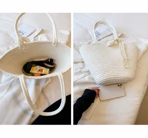 Detailed size specification chart for beige woven tote bag with handle measurements