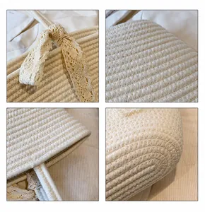 Detailed views of beige cotton woven bag showing lace knots and tight texture