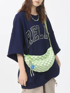 Dames Grote Capaciteit Canvas Schaakbord Halve Maan Crossbody Tas Casual Streetwear Schoudertas Met Verstelbare Riem
