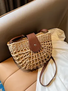 Women Straw Woven Half Round Crossbody Bag Vintage Hollow Out Shoulder Bag PU Leather Flip Cover Vacation Beach Bag