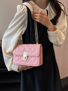 Sac Bandoulière Carré Matelassé avec Chaîne pour Femme en Similicuir PU avec Verrou Métallique Doré pour Travail Quotidien