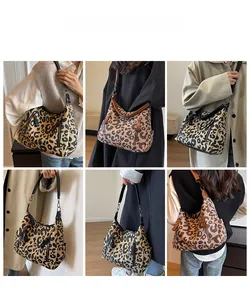 Multiple views of leopard print canvas tote bags with leather straps and zip details
