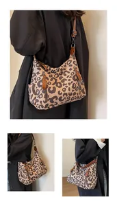 Detail of leopard print tote bag showing two front zipper pockets and canvas texture