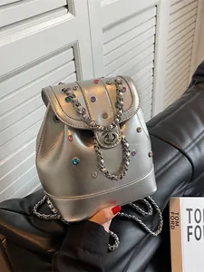 Women's Y2K Fashion Mini Backpack PU Leather Colorful Rhinestones Silver Small Travel Bag Metal Chain Strap Trendy Bag
