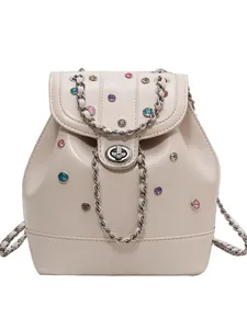 Y2K cream stylish backpack with multi-color rhinestones and metal chain straps