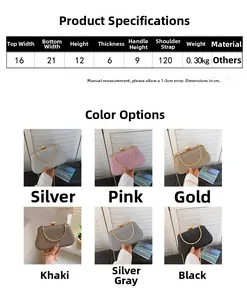 Detailed dimension guide and multi-color swatches of sparkly evening clutch bag with ring handle