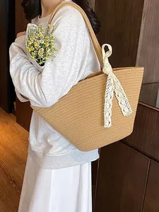 Women Hand-woven Cotton Rope Straw Tote Bag With Lace Bowknot Large Capacity Beach Vacation Shoulder Bag Rural Basket Bag