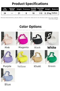 Detailed dimension guide for quilted cotton shoulder bag showing sizes and color options