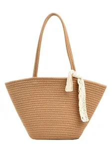 Minimalist straw tote beach bag with lace ribbon and woven shoulder straps