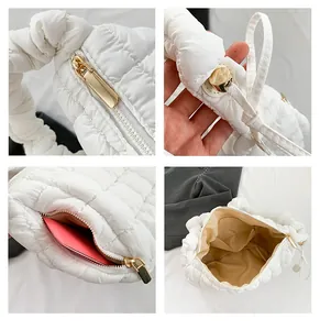 Detailed views of white quilted puffer bag showing gold zipper, plush handle and interior