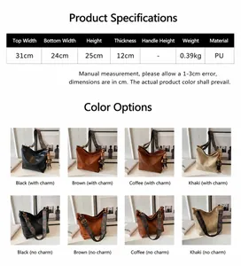 Detailed size specifications for the vintage PU leather tote bag with rabbit pendant