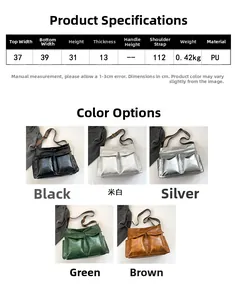 Detailed size chart and multi-color options for the large vintage PU leather tote bag