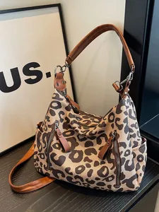 Women Vintage Leopard Print Canvas Tote Bag Large Capacity Fashion Shoulder Bag With Adjustable Strap Multi Pocket