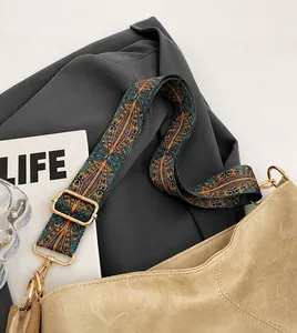 Adjustable retro geometric pattern shoulder strap with gold metal buckles for tote bags