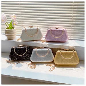Sparkly mini evening clutch bags in 5 colors with gemstone clasp and metal chain straps