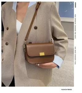 Detail shot of brown vintage square crossbody bag featuring a golden metal buckle