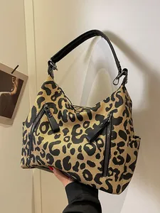 Large leopard print tote bag in canvas with leather straps and front zip pockets