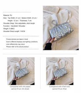 Silberne Metallic-Faltentasche aus PU-Leder mit Details zu Maßen und Material