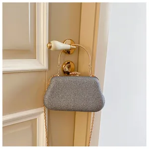 Detail of silver evening clutch bag with golden metal handle and chain hanging on a door