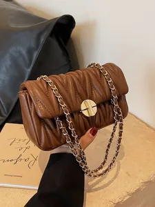 Damen Mode Gesteppt PU Leder Schulter Umhängetasche Matelassé Plissee Kleine Quadratische Tasche Mit Rundem Schloss Goldkette Tasche