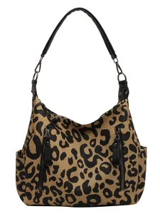 Large leopard print tote bag with dual decorative zippers and black shoulder strap