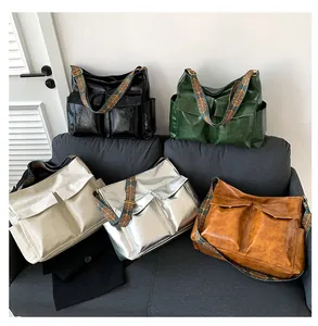 Detailed collection of retro large-capacity tote bags in five colors with wide straps