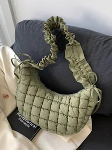 Vrouwen Casual Gewatteerde Katoenen Schoudertas Grote Capaciteit Wolk Geplooide Onderarmtas Met Ruches Riem Strik Hobo Tas