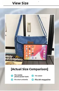 Denim shoulder bag showing large capacity for tablet, umbrella and A4 magazine