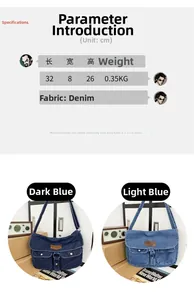 Detailed dimensions of denim crossbody bag measuring 32x8x26cm in blue tones
