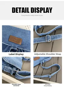 Detail view of denim crossbody bag showing leather logo patch and metal buckle
