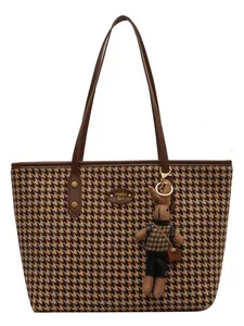 Houndstooth tote bag with brown leather straps and cute bunny charm for women