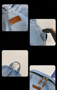 Detailansicht des hellblauen Denim-Rucksacks mit Lederlogo, Nähten und Metallreißverschluss